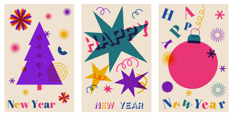 Vector set of abstract geometric posters in a trendy risograph print style. Happy New Year creative backgrounds.Vector illustration