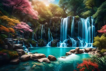 3d mural colorful landscape . flowers branches multi colors with trees and water . Waterfall and...