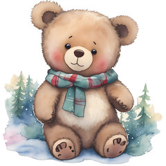 cute teddy bear painted in watercolor on a white isolated background. 