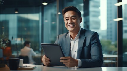 Fototapeta premium Portrait of a professional businessman using tablets and a computer on his desk at work. 