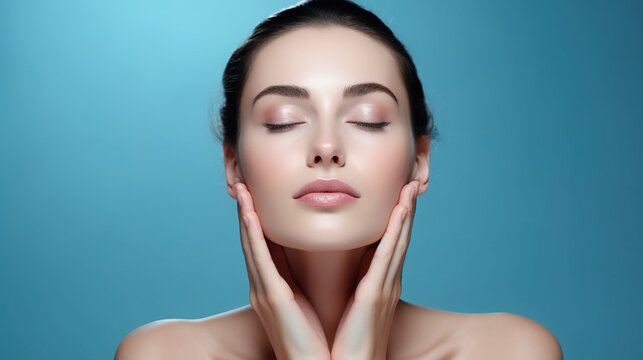 woman in a blue copy space, gazing apart from a beauty studio photo with flawless, shining skin and bare shoulders. dermatology and cosmetology. dental and skin care procedures. 