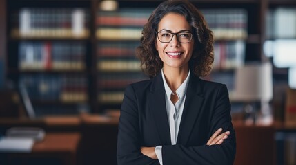 Fototapeta premium CEO smiling in office space, perhaps real estate, lawyer, non-profit, marketing. generative ai