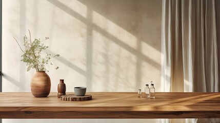 A cozy, minimal presentation setting with a natural, relaxing vibe featuring a background, wooden counter, glass vase, dry plant, chair, curtains, and an empty table for showcasing café or kitchen