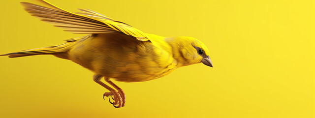 yellow bird flying side of solid yellow background. Generative AI. - obrazy, fototapety, plakaty