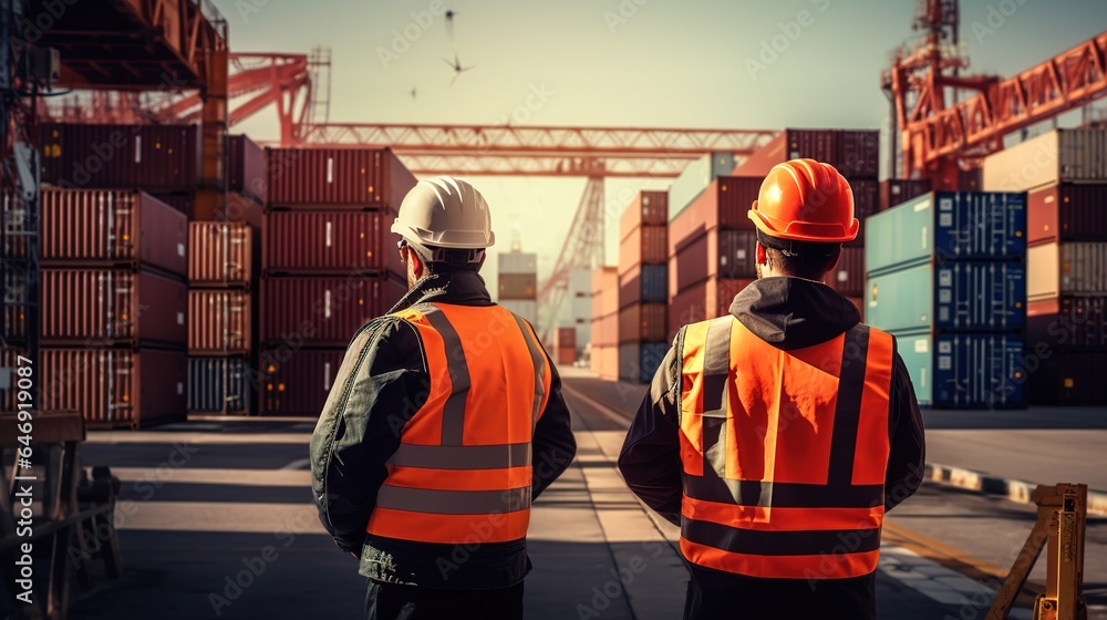 Aufkleber Engineer working on and inspecting the quality of cargo ship containers for export and import, Container Shipping Logistics Engineering idea.