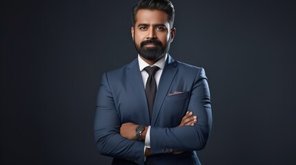 Obraz premium Confident and handsome male businessman in suit and necktie on gray background. generative ai
