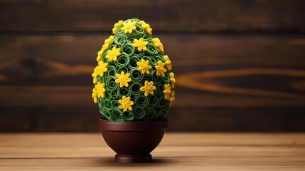Easter decorations or handmade gifts: Topiary egg in quilling technique on wood, with copy space.
