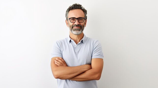 Portrait of smiling man with crossed arms on white background. generative ai