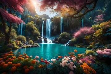 3d mural colorful landscape . flowers branches multi colors with trees and water . Waterfall and flying birds . suitable for print