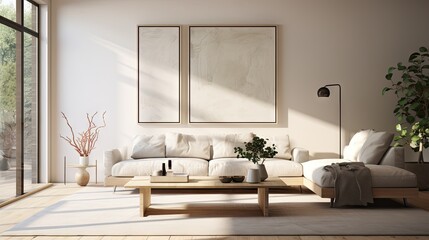 Living room interior with placeholder poster frame, rendered in 3D.