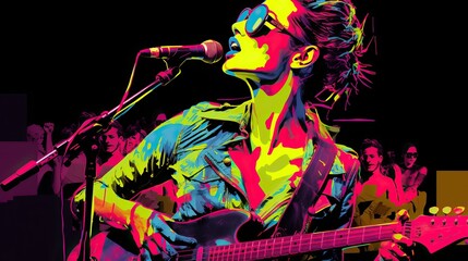 Music performance on stage, musician pop art collage style neon bold color