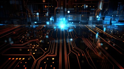 Fototapeta premium Structure circuit computer technology business background. Abstract high-tech digital technology background made of particles and metallic plates. Futuristic tech. Neon lights color. Generative AI.