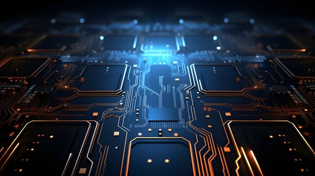 Structure circuit computer technology business background. Abstract high-tech digital technology background made of particles and metallic plates. Futuristic tech. Neon lights color. Generative AI.