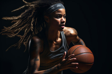 Young female athlete with afro hair style playing basketball on black background. - Powered by Adobe