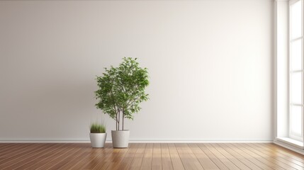 Modern interior of an empty room with a parquet floor and a plant pot. - obrazy, fototapety, plakaty