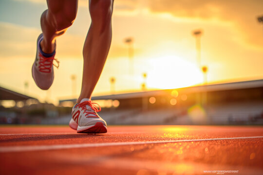 Runner athlete running on athletic race track at sunset.
