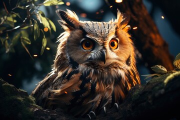 A wise old owl perched high in a tree, its keen eyes focused on the night. - obrazy, fototapety, plakaty
