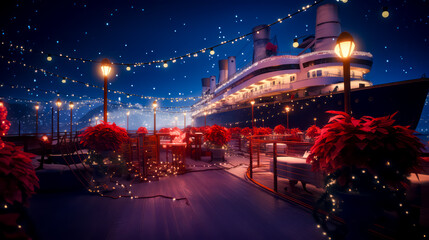 Cruise ship is lit up at night with christmas lights on the deck.
