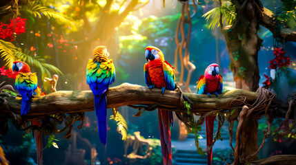 Three colorful parrots perched on tree branch in tropical forest setting.