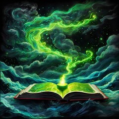 beautiful green smoke comes out of a book with attractive light and details 