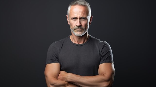 Serious and confident young man in a black shirt, with a handsome expression, showcasing a casual yet fashionable style in a studio portrait