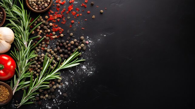 Background with rosemary, dark creative kitchen table