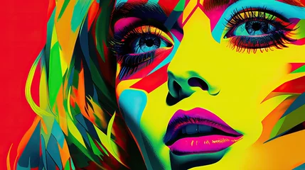 Poster Woman face pop art collage style neon bold color © thesweetsheep