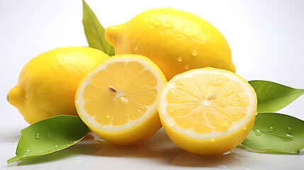 lemon with slice and leaves on a white background 