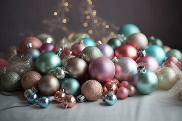 Christmas balls in pastel colors closeup, xmas decorations, new year tradition