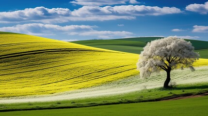 Field wave with blossom tree landscape