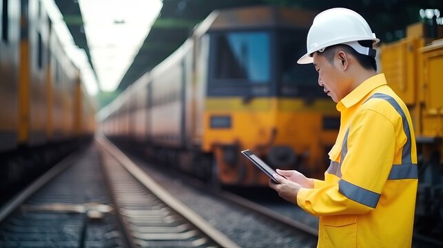 Engineer use tablet check and analyze data at train station