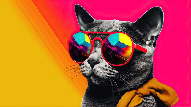 Cat fashion wear sunglass, pop art collage style neon bold color