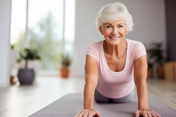 Doing yoga. Beautiful aged woman smiling and looking at camera while doing yoga