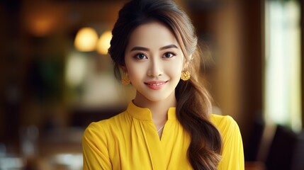 Fototapeta premium A smiling brunette woman in her 20s, showcasing beauty and fashion, exudes a range of emotions in a captivating indoor portrait