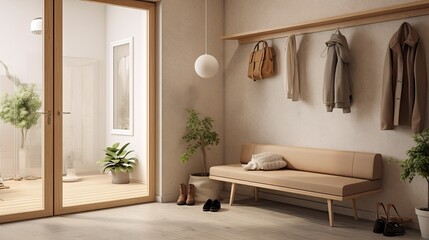 Fototapeta na wymiar Scandinavian style hallway with white and beige colors, a wooden bench, coat rack, glass door, and wallpaper.