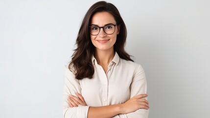 Portrait of a woman with her arms crossed. On a white background.  - obrazy, fototapety, plakaty