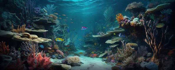 Fototapeta na wymiar colorful and very beautiful underwater world with colorful fishes, corals, stones, water, plants and other animals. Generative AI.
