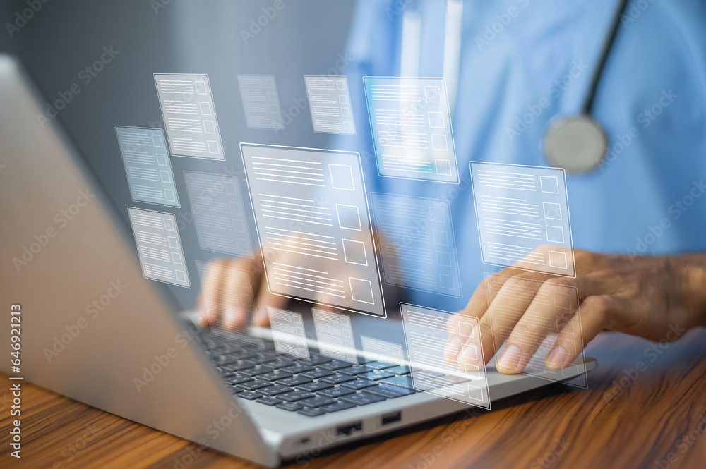 Poster documents concept, doctor use computer connection server data base patient for technology treatment 