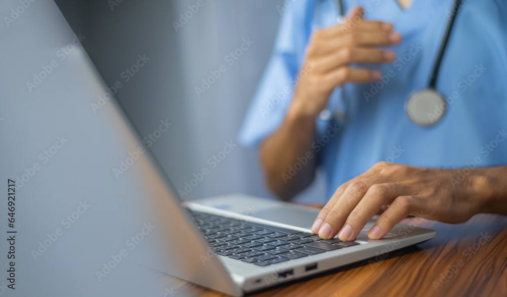 Aufkleber doctor using computer typing on keyboard. doctor computer