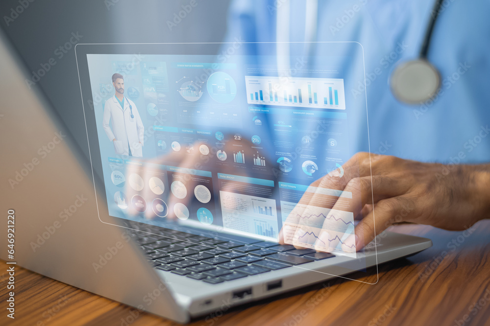 Aufkleber documents concept, doctor use computer connection server data base patient for technology treatment 