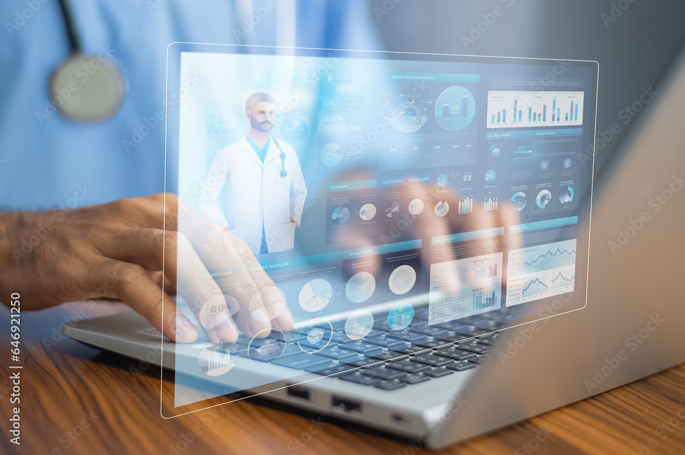 Poster documents concept, doctor use computer connection server data base patient for technology treatment 