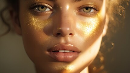 Model highlighting a dewy look with shimmering gold paint makeup on the high points of the face