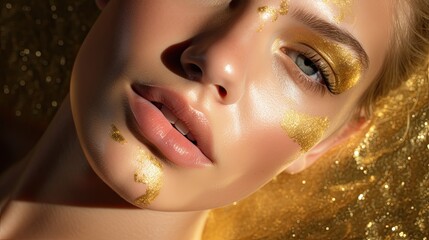 Model highlighting a dewy look with shimmering gold paint makeup on the high points of the face
