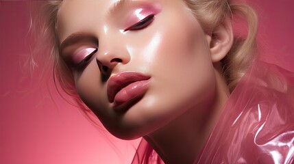 Model showcasing a monochromatic paint makeup look in shades of pink, emphasizing the cheek and nose region