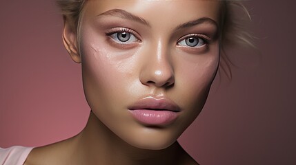 Model showcasing a monochromatic paint makeup look in shades of pink, emphasizing the cheek and nose region