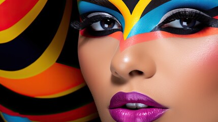 Model showcasing a pop-art inspired paint makeup with bold outlines, emphasizing the eyebrows