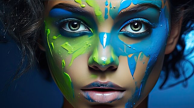 Model showcasing a vibrant splash of blue and green paint makeup, with a focus on the eyes