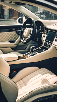 Beautiful car interior white leather close-up