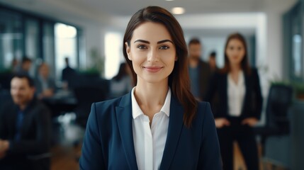 Obraz premium Beautiful businesswoman with arms crossed in office background. generative ai