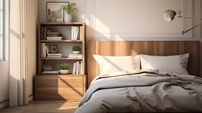 Partial view of a contemporary bedroom with a vacant nightstand, reading light, USB port, cozy bedding, chic furnishings, and sunlight patterns.